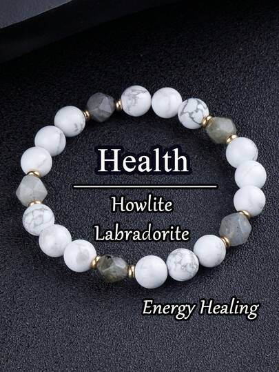 Boho Style Howlite & Labradorite Powerful Bracelet, White Turquoise Calming, Health, Strength, Serenity, Friendship Yoga Meditation Jewelry Gifts For Women Men