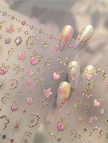 1片5D水晶粉色爱心蝴蝶结美甲贴纸，丝带星星月亮自粘美甲装饰DIY美甲贴纸 - 彩色 - 查看 4