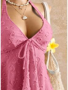 2026 European & American Style Lace Bikini, Halter Tie Ruffle Hem Tummy Control Two Piece Swimsuit For Hot Spring & Beach - 深粉紅色 - 查看 2