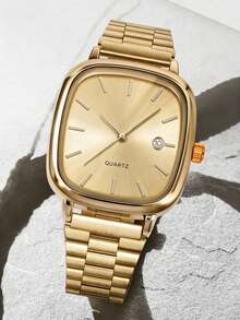 2件套轻奢金银双色情侣石英表套装，男女皆宜的配套饰品套装，包括银白色和金色方形日历手表，采用简约条形刻度和金属表带，展现精致高端的轻奢风格。 - 彩色 - 查看 3