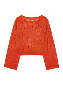 Áo khoác ngoài dáng ngắn tay dài, chất liệu jacquard họa tiết hoa dệt nổi, kiểu dáng gợi cảm, khoét lỗ, xuyên thấu, dành cho nữ, thích hợp cho kỳ nghỉ biển/hè, lễ hội âm nhạc, màu cam. - trái cam - Xem 4