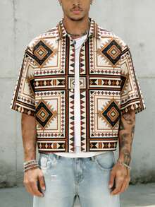 Men's Geometric Pattern Short Sleeve Casual Shirt - Khaki - View 4
