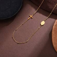 1 pieza Collar con colgante ovalado de acero inoxidable con cruz, gargantilla minimalista y única para mujeres - Dorado - Ver 6