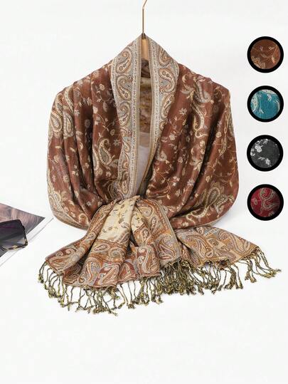 1pc Women's Silky Paisley Jacquard Hair Accessories For Spring Fall, Eid Celebrations Shawl , Soft Lightweight Headscarf Cardigan For Daily Life,Smooth Cashmere Feel Reversible Abaya For Woman