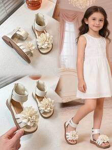 可爱儿童露趾凉鞋 | 柔软平底，踝部拉链设计，方便穿脱 - 米色 - 查看 3