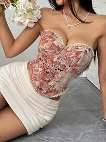 Vexica 女士性感复古印花细肩带系带法式吊带背心，适合夏日夜晚外出和派对。 - 粉色 - 查看 3