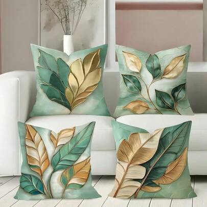 4 Packs Modern Sage Green Golden Leaf Throw Pillow Covers, Linen Cushion Covers With Zipper, Single-Sided Printed For Living Room Bedroom Decor, No Pillow Inserts