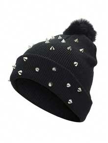 Fashionable Wire-Stitch Decorative Women's Knitted Hat, A Warm And Protective Women's Hat For Autumn And Winter Seasons, A Comfortable Woolen Hat Suitable For Outdoor Activities - 黑色 - 查看 6