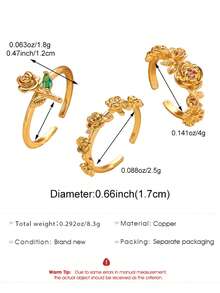 Juego de 3 anillos elegantes y lujosos con flores de rosa de cobre y rhinestones, diseño floral 3D, anillos ajustables para mujeres, adecuados para uso diario, fiestas, citas, vacaciones, playa, regalo para amigos, familia, parejas, diseño de joyería original - Dorado - Ver 11