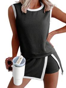 Women's Summer Loungewear Set: Stylish Ribbed Tee & Shorts 2-Piece Matching Set - Black - View 7