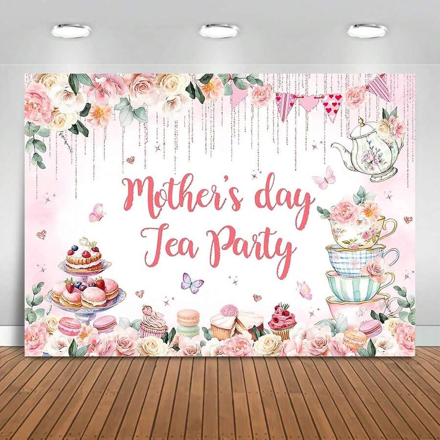 Chic Mother'S Day Tea Party Backdrop Banner, Pink Floral "Thanks Mom" Photography Background, Indoor Photo Wall & Party Decoration, Durable & Reusable Fabric, Gift For Mom - 1PC - 查看 1