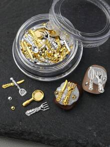 1pc Cute Cutlery Shaped Metal Decorative Pieces, Including Spoon, Fork, Knife, Frying Pan Patterns, Mixed Gold And Silver Tones, Punk Y2K Style Nail Art Decor, Suitable For Home Or Nail Salon, Holiday Gift - Multicolor - View 4