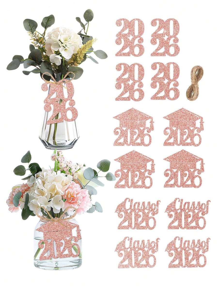 12pcs/Set Rose Gold Glitter "Class Of 2026" Graduation Party Vase Tags Decorations - Rose Gold - View 1