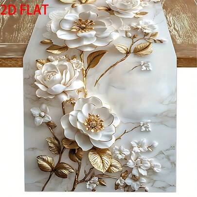 1 Peça Elegante Tapete de Mesa com Padrão de Mármore, Design de Ramo Floral Branco e Dourado, Adequado para Cozinha, Sala de Jantar, Uso Interno/Externo, Decoração de Feriados, Material de Linho, Decoração de Cozinha