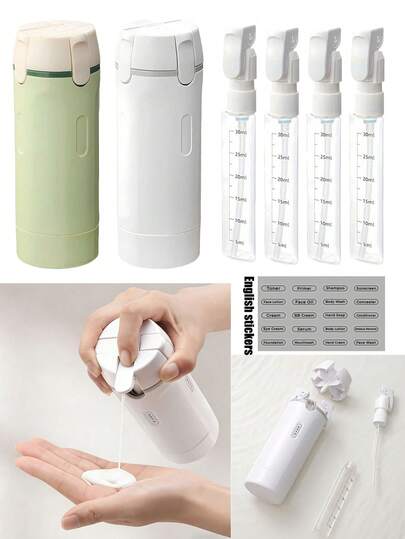 四合一旅行可重复灌装瓶，全新一体式便携式化妆品和洗发水收纳瓶，带按压泵和刻度，是旅行和化妆品收纳的理想之选。