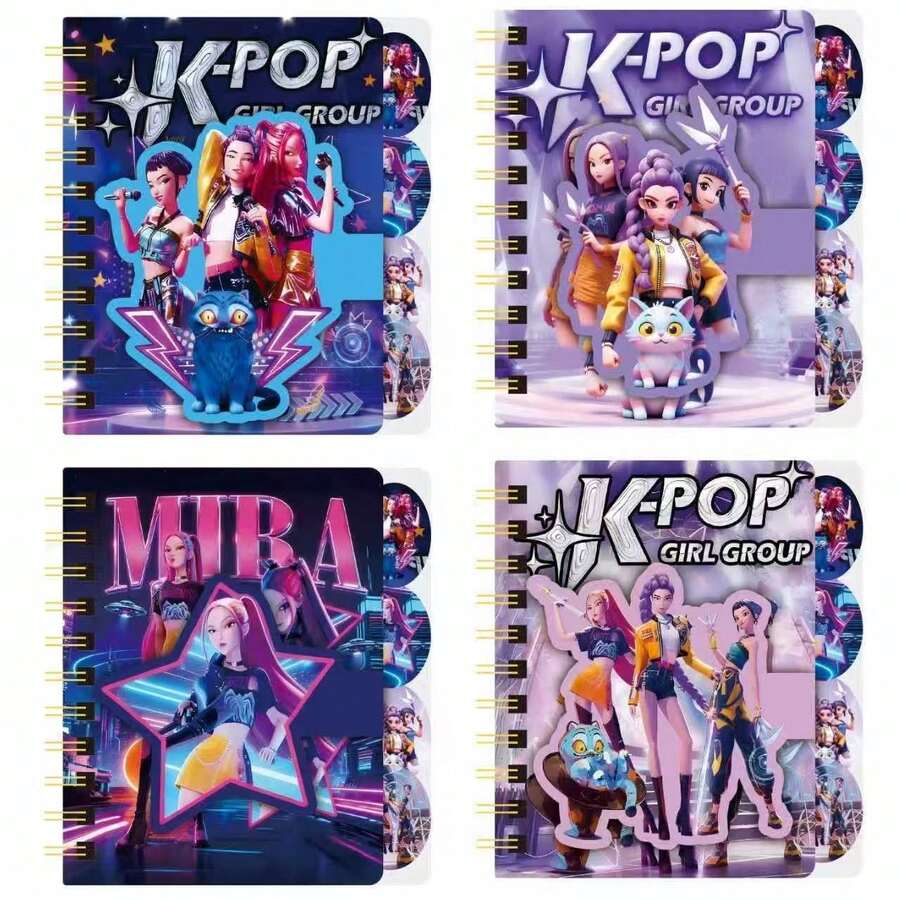 Hasbro 一套4本K-POP A7卡通动漫女孩螺旋笔记本，星形内页，磁扣设计，适合初学者，可作礼物——可爱卡通人物笔记本，非常适合作为学生和办公室礼物 - 彩色 - 查看 1