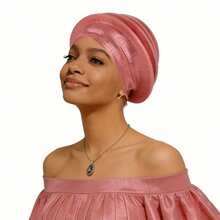 Shimmer African Head Wraps Solid Color Multi-Layer Church Turban For Women Stretch Hat - Pink - View 3