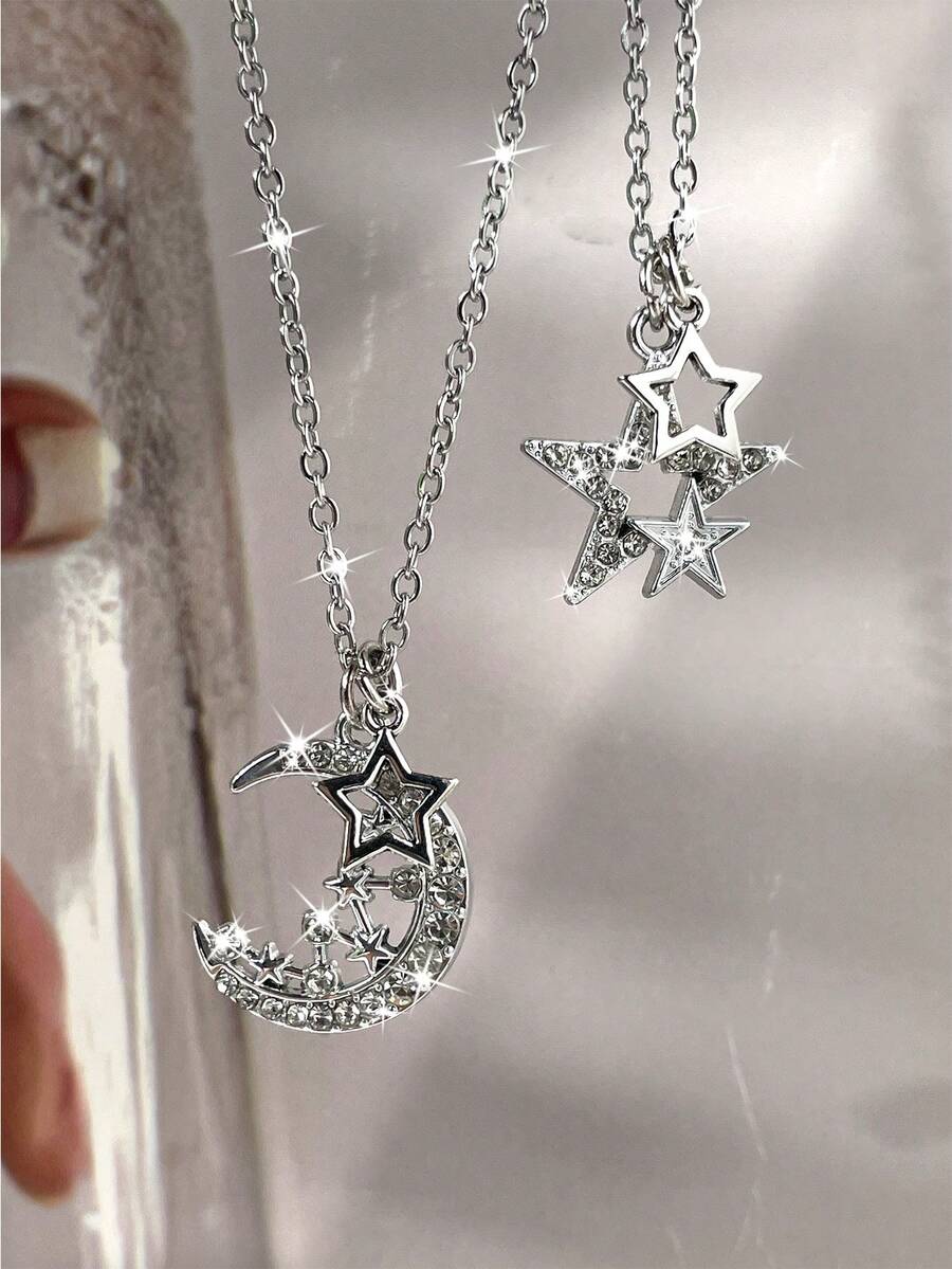 Romantic Star & Moon Rhinestone Pendant Necklace, Silver Color, Fashionable & Unique, Lucky Star Necklace, Suitable For Men And Women, Gift For Valentine's Day, Mother's Day - Silver - View 1