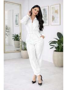 Women's Set: Long-Sleeved Blouse With Shoulder Pads And Jogger Pants In Thick Satin Crepe With Elastane, Fitted Cuffs, Stylish, Modern And Sophisticated - 白色 - 查看 4