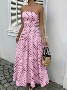Women's Pink Polka Dot Print Ruffle Hem Strapless Dress, Suitable For Vacation, Spring Fashion, Wedding Guest Attire, Birthday Party, Outdoor Wear ,Summer Dress Polka Dot Dress Women Strapless Maxi Dress Women Women Vacation Dress Long Dress Summer - 黑色 - 查看 1