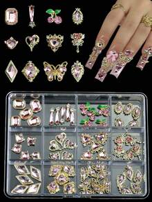 Caja de 12 rejillas Encantos de uñas de aleación con lazos 3D, estrellas, corazones, estrellas y lunas - Rhinestones para decoración de uñas DIY - Rosa - Ver 2