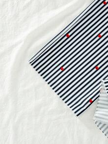 2件套女童休闲外出时尚爱心印花装饰修身短袖上衣和条纹爱心装饰松紧腰裤，夏季 - 藏蓝色 - 查看 8