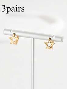 1對時尚不銹鋼星形裝飾圓耳環適合女士日常裝飾 - 金黃色 - 查看 5