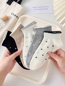 1/5 Đôi tất cổ ngắn nữ họa tiết chấm bi có viền bèo nhún, màu trắng, thoáng khí, mềm mại, thích hợp cho mặc hàng ngày, mùa thu/đông và mọi mùa, là món đồ thiết yếu cho trang phục hàng ngày, dễ thương cho học sinh. - Nhiều màu - Xem 5