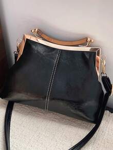 Women's PU Leather Crossbody Bag With Round Polka Dots, Vintage Style Handbag With Buckle Closure And Adjustable Shoulder Strap, Solid Color And Lightweight City Tote Bag - 黑與白 - 查看 9