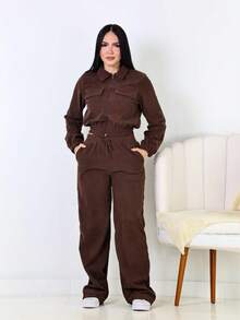 Women's Corduroy Velvet Set With Jacket And Pants - Comfort And Style - Rust Brown - View 4