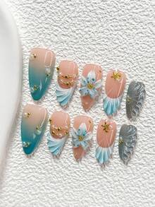 10Pcs Blue And Gold Fairytale Style Handmade Nail Art Set,Polygel Nail Set,Gold Starfish,Pearls,Flowers And Ocean Waves,Blue Nail Polish,Includes Nail Tools,3 Sizes Available,Almond Nails , Duck Nails,Coffin Nails For Party, Dance, Daily Wear - 彩色 - 查看 3