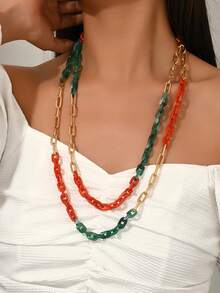 1 Set Sexy Fashionable European & American Middle Eastern Bohemian Green Chain Clasp, Orange-Red Chain Clasp, Gold Chain Clasp, Double-Layer Necklace, Women Jewelry, Can Be Purchased Individually Or As A Set, Minimalist Luxury Suitable For Any Outfit, Suitable For Women's Daily Wear, Valentine's Day, Thanksgiving, Gifts For Friends And Family - Multicolor - View 2