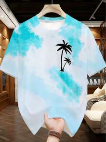 2pcs Plus Size Men's Vacation Style Tie-Dye Short Sleeve Set | Light Blue Tie Dye Tie-Dye + Palm Tree Print, BIG&TALL Loose Set Sports Summer - Blue - View 3