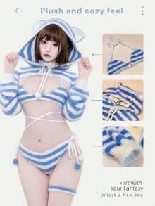Sexy Fuzzy Cat Cosplay Set For Women, Open-Chest Kawaii Kitty Costume With Bikini & Choker, Cute Furry Cat Ears Outfit For Halloween & Christmas Party – One Size - 天藍色 - 查看 6