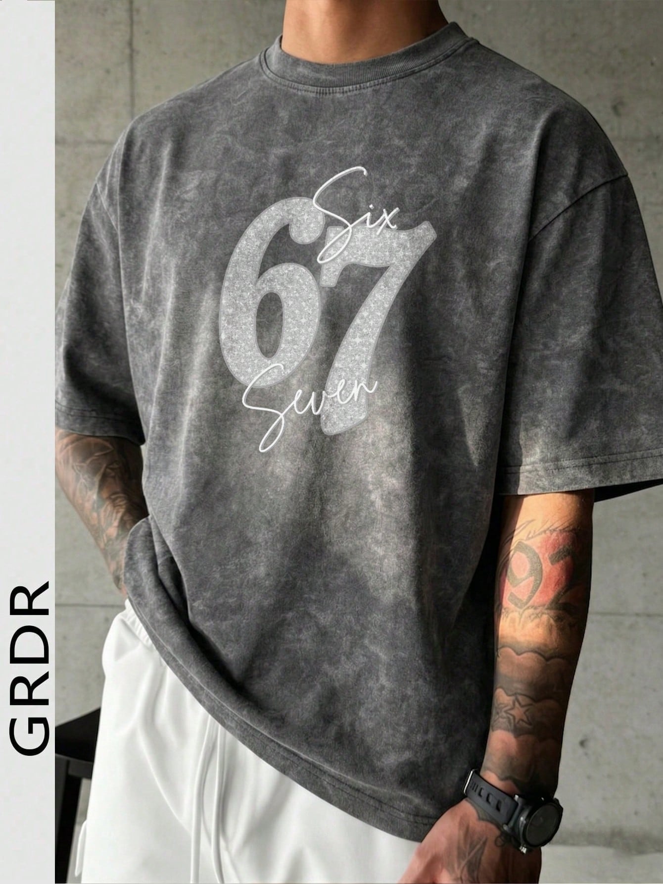 GRDR قميص تي شيرت رجالي بطبعة الرقم 67 مغسول بياقة...
