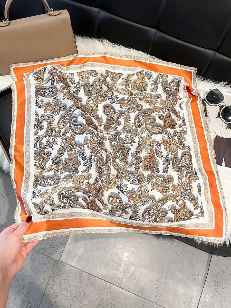 1条仿丝佩斯利花纹印花27.6英寸小方巾,新款多功能头巾,可作腰带、发饰、时尚围巾,适合女士、海滩、度假、旅行等场合。 - 橘色 - 查看 1