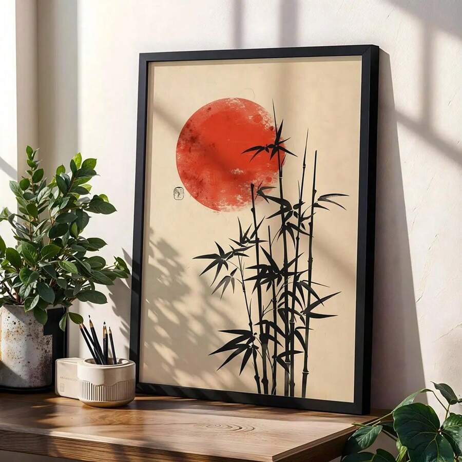 1幅红色太阳与竹子侘寂极简主义禅意风景墙画，中性美学日式海报印刷艺术客厅装饰画，禅意家居装饰，无框 - 風景 - 查看 1