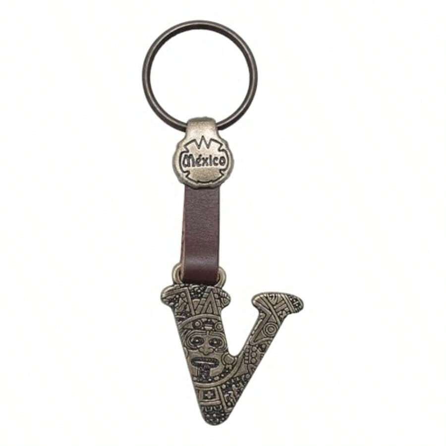 Metal Keychain With Engraved Initial And Calendar - Handmade Gift Of Mexican Heritage - Letter V - View 1