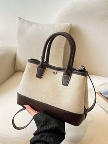 Classic Minimalist Color Block Women's Handbag, Rivet Shoulder Crossbody Bag, French Retro Canvas Tote Bag, Fashionable Patchwork Fabric Bag, Suitable For Daily Commute, Shopping, Dating, Versatile - Multicolor - View 14