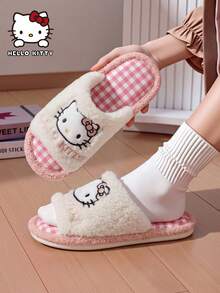 MAOLI Hello Kitty露趾拖鞋，毛绒猫脸设计，优雅舒适，透气吸汗，适合室内/卧室/宿舍穿着的百搭平底凉鞋，女士款 - 粉色 - 查看 3