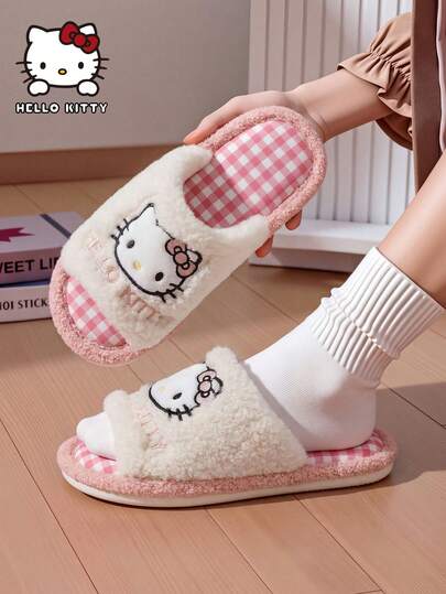 MAOLI Hello Kitty Open Toe Slippers, Plush Cat Face Design, Elegant & Comfortable, Breathable & Absorbent, Versatile Indoor/Bedroom/Dorm Wear Flat Sandals For Women