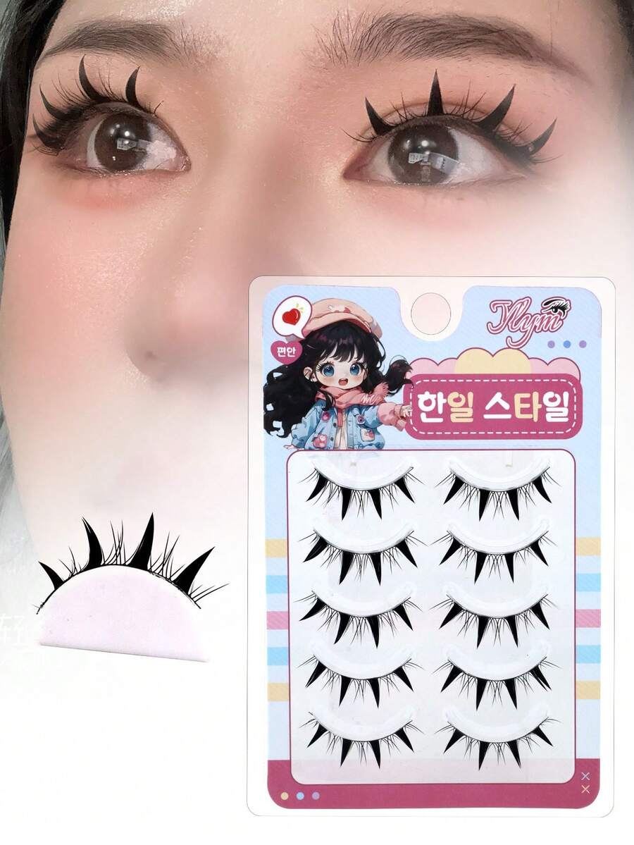 5对尖头浓密自然款假睫毛，可爱恶魔风，卷翘动漫风，轻盈欧美全条假睫毛 - 查看 1