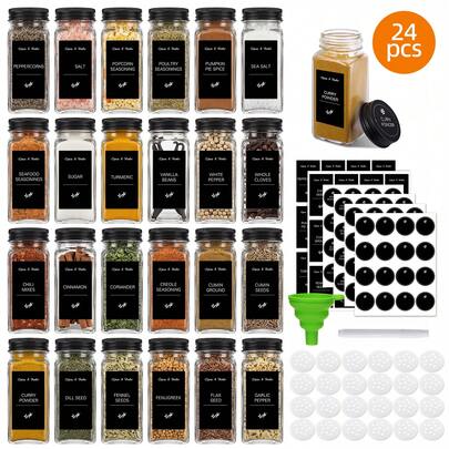 Tomnk 24pcs Square Glass Spice Jars With Black Metal Lids & Shaker Tops, Clear Seasoning Containers Set With Labels, Funnel & Pen, Airtight Herb Storage For Kitchen Pantry Cabinet, Ideal Mother's Day Gift