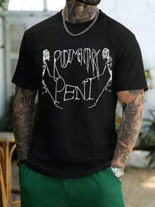 Camiseta vintage punk con estampado de esqueleto. Tejido de calidad, corte holgado, estilo hip-hop urbano, cómoda, estampado artístico. - Negro - Ver 1