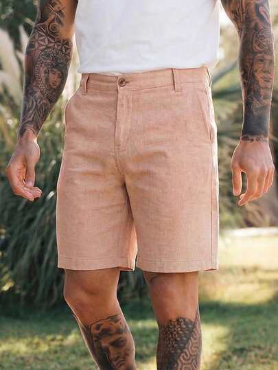 Quần short nam vải lanh màu trơn, kiểu dáng thường ngày, thích hợp mặc mùa hè, quần short nam màu hồng, quần short nam vải lanh dáng rộng dài đến đầu gối, màu trơn, có túi xéo, dáng rộng, thoáng khí, thích hợp mặc mùa hè.