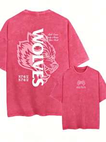 2026Darc Wolf Print Vintage Washed Men's T-Shirt, Perfect For Fitness And Weight Training, Loose Summer Gym T-Shirt, Suitable For Workouts. Loose And Comfortable, Casual And Easy To Wear, High-Quality Wax Printed Cotton Retro Fashion Brand T-Shirt, Men's T-Shirt, Beach Must-Have, Men's Summer T-Shirt, Holiday Gift, Perfect Gift, Valentine's Day Gift - Màu Hồng Tươi - Xem 1