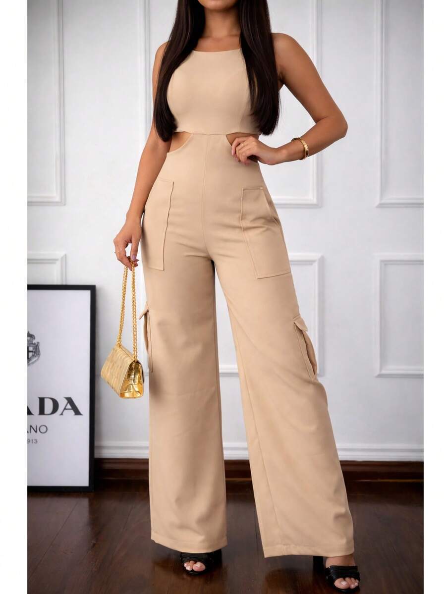 Premium Tailored Cargo Jumpsuit With Straps - Beige - View 1