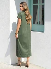 Comfortable Women's Midi Dress With Practical Pocket And Side Slit - Casual And Elegant - 墨綠色 - 查看 5