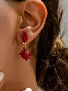 1 Đôi bông tai men đỏ thiết kế hình càng cua độc đáo, kiểu dáng động vật biển hoạt hình dễ thương, phong cách Boho bãi biển. - Đỏ - Xem 3