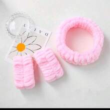 3pcs Set: Plush Absorbent Headband And Wrist Protector, Suitable For Face Washing, Skincare, Bathroom. Colors: Pink, White, Gray. The Wrist Protector Helps Keep The Wrists Dry During Face Washing. - FC64 Headband Set - View 1